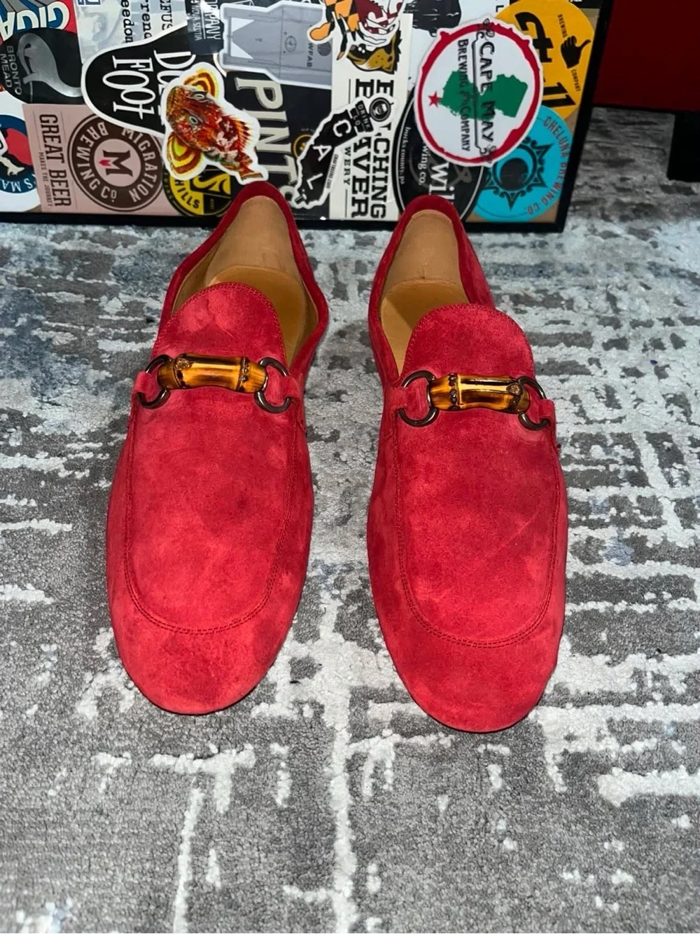 Gucci Red Suede Loafers with Bamboo Bit